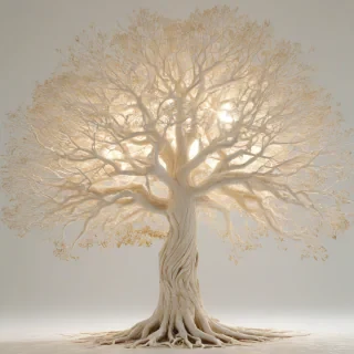 A majestic, ancient, white tree with intricate, glowing, ethereal details, set against a plain white background, in a hyperrealistic style, with soft, warm, golden lighting, and a wide-angle shot that captures the tree's full, sprawling presence, with roots visible and leaves shimmering in the light, on a plain white background, even lighting 