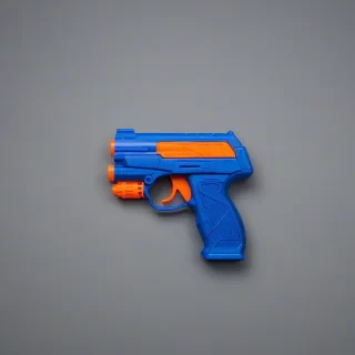 blue plastic nerf gun, on a plain white background, even lighting