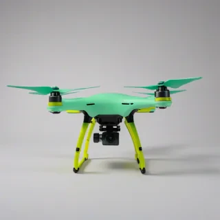 A full-body view of a mint green drone, in a pop art style, with bold lines and bright colors, on a plain white background, with the drone's propellers and body clearly visible, in a wide shot, with dynamic shadows and a sense of movement, on a plain white background, even lighting 