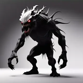 A terrifying monster, full-body view, with sharp teeth and glowing red eyes, standing on a plain white background, in a wide shot, with a dark and ominous atmosphere, and a sense of foreboding, digital art style, high contrast, and dramatic lighting