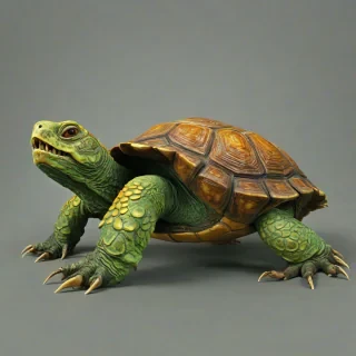 D & D style a terrifying, horror fantasy tortoise, flesh eating monster, with green and brown colors, eyes that glow like embers, pointy yellow teeth, set against a plain white background, in a wide shot with its full body visible, including its feet, with bold lines, and vibrant, with bright lighting, on a plain white background, even lighting