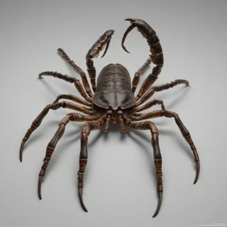 A highly detailed, realistic scorpion with intricate texture and coloration, viewed in a full-body wide shot, on a plain white background, with precise lighting that accentuates its exoskeleton, sharp tail, and eight legs, in a photorealistic style, on a plain white background, even lighting 