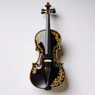 A black, intricately carved Renaissance-style violin, with delicate golden accents, in a wide shot, full-body view, on a plain white background, with soft, warm lighting, and a slight sheen to the instrument's surface