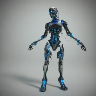A nanotech-enhanced, cybernetic zombie, with metallic limbs and glowing blue circuits, in a full-body view, standing on a plain white background, with a wide-angle shot, and dynamic shadows, in a digital art style with a mix of dark and neon colors