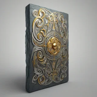 A mystical, ancient magical artifact, Slate, with intricate, swirling patterns of silver and gold, set against a plain white background, in a wide shot, with dramatic, soft lighting, and subtle, dynamic shadows, in a contemporary, digital art style, with bold lines and vibrant colors, full-body view, with the Slate's surface reflecting a hint of the surrounding environment, on a plain white background, even lighting