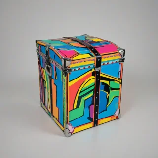 A pop art style trunk with bold black lines and vibrant, bright colors, in a wide-angle shot on a plain white background, under direct, even, and strong lighting., on a plain white background, even lighting