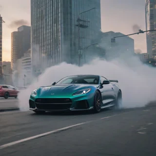 A sleek sports car with iridescent paint, drifting through a cloud of smoke from a low camera angle in a city setting at dusk, capturing the dynamic motion and misty atmosphere.