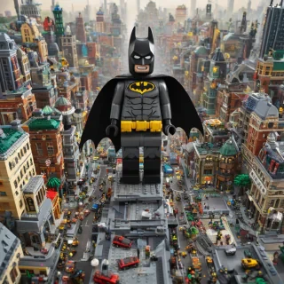 A full-body view of Lego Batman standing in the center of a detailed Lego Gotham City, with a wide shot of the cityscape behind him, featuring iconic buildings and vehicles, in a vibrant and colorful digital art style, with dynamic lighting and shadows, on a plain white background, on a plain white background, even lighting 