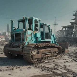 A fully intact, aquamarine-colored bulldozer, with a wide shot of the entire machine, including the tracks and operator's seat, set against a plain white background, in a post-apocalyptic scene with a ruined cityscape in the background, with a focus on the bulldozer's vibrant aquamarine color, in a digital art style with bold lines and dynamic shading, on a plain white background, even lighting 