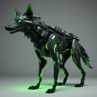 A stylized, cybernetic wolf-like creature. It features a dark, patched, stitched-together body resembling leather and metal plates, glowing neon green accents highlighting mechanical and exposed 'muscle' sections, and glowing green eyes. Mechanical arms or tubes are visible on its back. The overall aesthetic is dark, stitched, mechanical, and reminiscent of a futuristic, battle-ready werewolf or creature, presented in a video game-style 3D render, on a plain white background, even lighting
