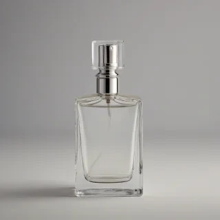 A beautiful, elegant perfume bottle with a silver squeeze pump, sitting on a plain white background, in a wide shot with the entire bottle visible, including the base and the top of the pump, with soft, warm lighting and a slight reflection on the bottle's surface, in a photorealistic style, on a plain white background, even lighting