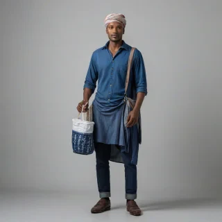 Indigo street vendor, hyperrealism, full-body view, plain white background, detailed textures