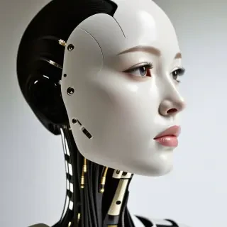 humanoid with face half human half robot