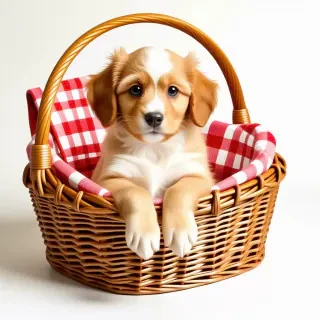 A small golden doodle puppy sitting inside of a picnic basket