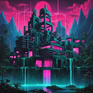 Biopunk + Chalk Art + De Stijl + Symbolism + Synthwave
A floating surreal city built from stacked brutalist blocks and modular De Stijl-inspired forms, with biopunk overgrowth, roots spilling into cyan water, and waterfalls. Trees sprout through synthetic structures, glowing with eerie synthwave light. A radiant pink neon pyramid glows behind, cutting through a stormy, symbolic sky with geometric chalk-like patterns. The composition is chaotic yet beautiful, fusing experimental styles into a vibrant, dreamlike digital painting.