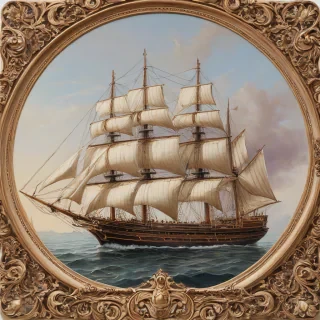 A majestic, Victorian-era inspired ship named Violet, with intricate details and ornate carvings, set against a plain white background, in a wide shot with the entire ship visible, including the hull and sails, with a soft, warm lighting and a sense of nostalgia, in the style of a classic oil painting