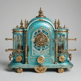 A intricately designed, Cyan-colored, Victorian-era inspired gadget, with brass accents and visible gears, in a wide shot, full-body view, on a plain white background, with soft, warm lighting and a slight sheen to the metallic components, in the style of a detailed, realistic illustration, on a plain white background, even lighting