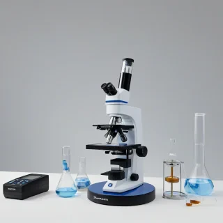 A minimalist setup of scientific equipment, including a microscope, beakers, and test tubes, with a sapphire crystal specimen on a plain white background, in a wide shot with the equipment and specimen fully visible, utilizing a neutral color palette with an emphasis on blues and whites to evoke a sense of sterility and precision, in a digital art style with clean lines and simple shapes, on a plain white background, even lighting