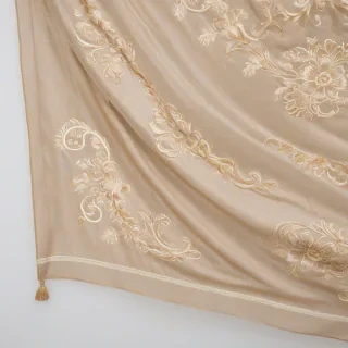A beige flag with intricate Rococo patterns, wide shot, full-body view, on a plain white background, with a subtle sheen to the fabric, and delicate golden accents