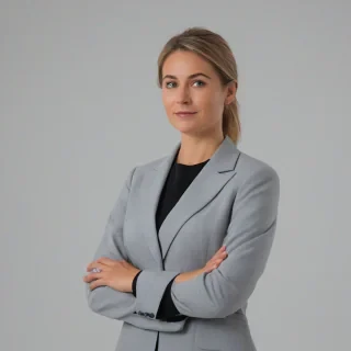 A confident professional woman in a tech-inspired corporate learning setting, standing against a pure white background. No computer, no table, no props. She is wearing modern, minimal business attire. Calm, intelligent, and approachable expression, as if explaining a concept for an educational or corporate training video. Subtle tech-forward and executive presence conveyed through posture and styling only. Soft, even studio lighting, high resolution, photorealistic, minimalistic composition.