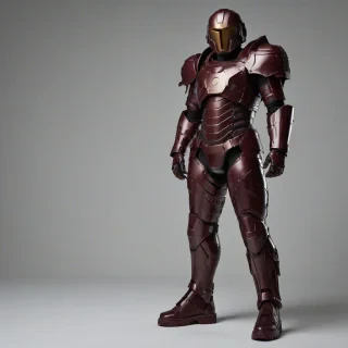 A full-body view of a piece of maroon industrial armor, with a metallic finish, intricate details, and a rugged design, set against a plain white background, in a wide shot, with a focus on the armor's texture and industrial aesthetic, in the style of digital art with hard rim light and dynamic shadows