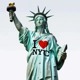The statue of liberty wearing a white "I Love NYC" T-shirt