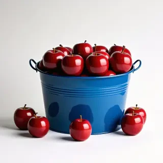 blue metal bucket with red apples