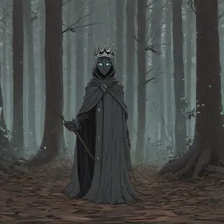 2d cartoon animation art style of a woodland guardian with a crown of wood and a cloak of dark leaves, fantasy vibes, forest setting, dark lighting, glowing eyes, deep shadows, digital painting aesthetic, 2d imagery, limited color palette of mostly greys and browns, simple character and setting design, simple shapes