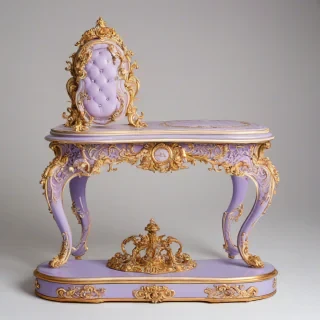 A highly detailed, full-body view, lavender-colored, ornate gadget with golden accents and intricate carvings, set against a plain white background, in the style of Rococo, with soft, warm lighting and a sense of luxury and elegance