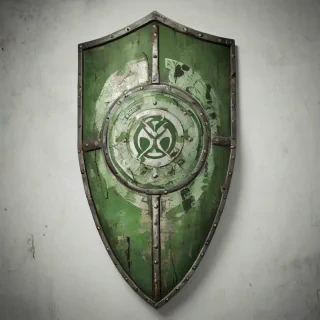 a large, green, post-apocalyptic shield with a wide shot, full-body view, on a plain white background, with a matte finish, and a worn, distressed texture, featuring a bold, graffiti-style design, with a mix of digital art and illustration styles, and a cinematic, bird's eye view perspective, on a plain white background, even lighting