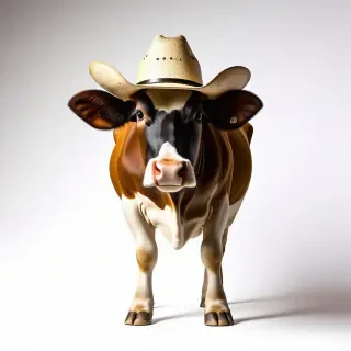 A cow standing up wearing a cowboy hat
