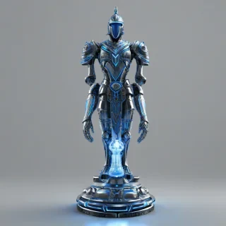 A highly detailed, full-body view of a knight chess piece, with a futuristic metallic body, glowing blue circuits, and a regal mitre on its head, standing on a plain white background, in a wide shot, with its feet visible, in a digital art style with dynamic shadows and a hard rim light, on a plain white background