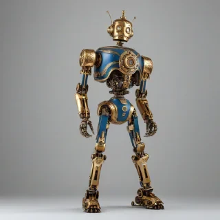 A Victorian-style robot with intricate brass details and copper filigree, set against a plain white background, in a full-body view with its feet visible, with a warm, golden lighting and a sense of nostalgia, in the style of a vintage illustration, on a plain white background, with a denim blue hue, even lighting