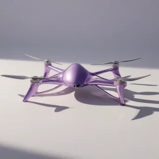 A sleek, lavender-colored drone with a contemporary design, featuring sharp lines and a metallic sheen, in a wide shot with the drone's propellers and landing gear visible, set against a plain white background, with soft, natural light and subtle shadows to accentuate its futuristic shape