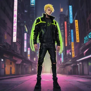 A full-body view of a yellow-haired anime man, wearing a sleek black leather jacket with neon green accents, standing in the middle of a dimly lit cyberpunk city street at dusk, with a wide-angle shot and dynamic shadows, in a digital art style with a focus on bold lines and vibrant colors, on a plain white background, on a plain white background, even lighting 