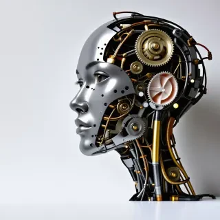 a mechanical mannequin made out of gears, electrical wires, sheets of metal, and lightbulbs