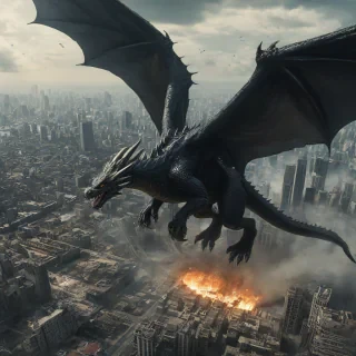 Large black dragon flying over a huge city, leaving a path of destruction behind it, kaiju style