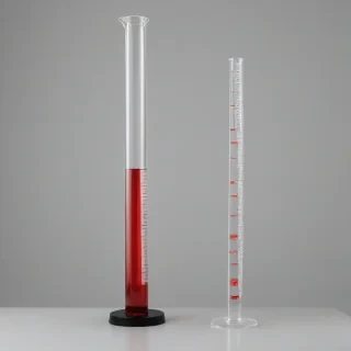 clear glass graduated cylinder with red liquid inside, full-body view, on a plain white background, on a plain white background, even lighting 