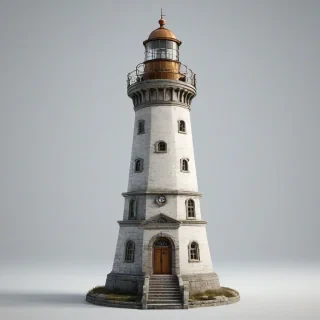 A highly detailed, realistic lighthouse, with a wide stone base, a tall slender tower, and a lantern room at the top, set against a plain white background, with a full-body view, including the base and the surrounding area, in a photorealistic style, with accurate lighting and shading, and a sense of depth and dimensionality, on a plain white background, even lighting