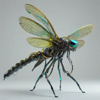a biomechanical creature, Olive, full-body view, on a plain white background, with a mix of metallic and organic elements, vibrant neon colors, dragonfly wings attached to its back, and a futuristic aesthetic, in a wide shot, with dynamic shadows and backlight, in the style of vaporwave art, on a plain white background, even lighting