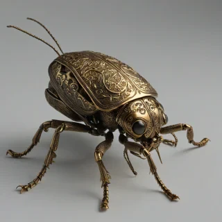 A highly detailed, full-body view of a bronze insect, such as a beetle or a grasshopper, with intricate Rococo-style etchings and patterns on its exoskeleton, set against a plain white background, with a warm, golden light shining down on it, accentuating the metallic sheen of the bronze, in a wide shot, with the insect's legs and antennae clearly visible, on a plain white background, even lighting