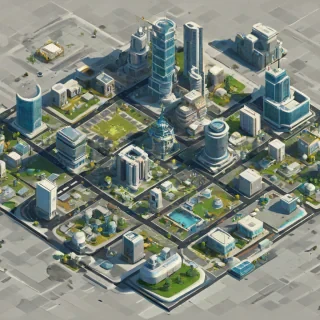 futuristic town, on a square grid for an isometric game asset, on a plain white background, even lighting
