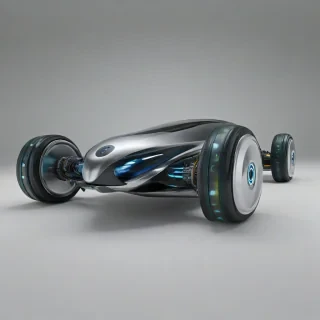 A highly detailed, hyperrealistic, full-body view of a futuristic transportation device, named Amber, with a sleek and metallic surface, set against a plain white background, with dynamic shadows and soft, ambient lighting, in a wide-angle shot, with the device's wheels and propulsion system clearly visible, and a subtle sheen to its surface, giving it a sense of advanced technology and innovation, on a plain white background, even lighting