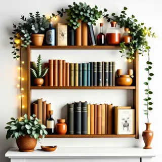 A small two-shelved book shelf filled with scrolls and old books and a couple of potions. The bookshelf itself is heavily decorated with papers with drawings and plants and string lights