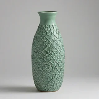 muted green colored, tall skinny vase, with intertwining geometry texture design, on a plain white background, even lighting