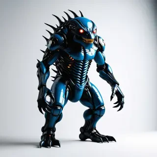 A large, blue, industrial monster with metallic scales and glowing red eyes, standing in a wide shot with its feet visible, set against a plain white background, in a digital art style with dynamic shadows and a hard rim light