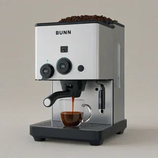 3d cartoon animation of a Bunn drip coffee machine, on a plain white background, even lighting
