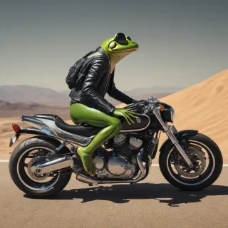 A detailed, full-body view of a vibrant green frog wearing a black leather jacket and sunglasses, riding a sleek, chrome motorcycle In front of a dessert background, with a wide shot and dynamic shadows, in a digital art style