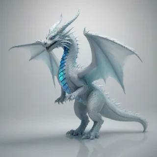 A majestic ice dragon with scales that shimmer like polished opals, standing in a full-body view with its feet visible, set against a plain white background, with a wide-angle shot and soft, ethereal lighting, in the style of a digital illustration with intricate details and textures, with a touch of mist and frost surrounding its body, on a plain white background, even lighting 