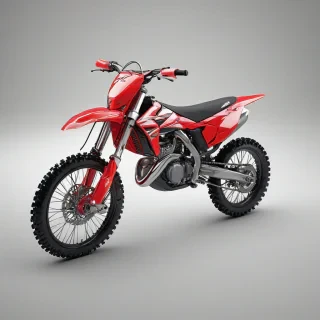 A detailed, full-body view of a dirt bike, with a sleek and shiny red body, sitting on a plain white background, with a wide-angle shot and soft natural light, in a digital art style with bold lines and vibrant colors, on a plain white background, even lighting